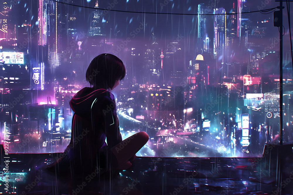 Obraz premium Lofi girl sits by the window, watching raindrops fall as neon lights glow outside, creating a peaceful and futuristic atmosphere.