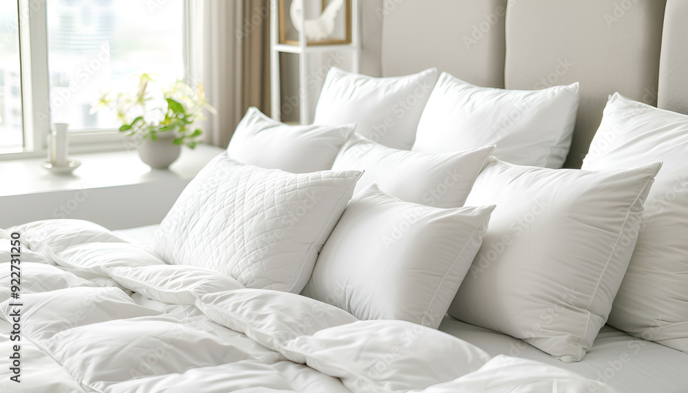 Many soft pillows on bed at home Many soft pillows on bed at home