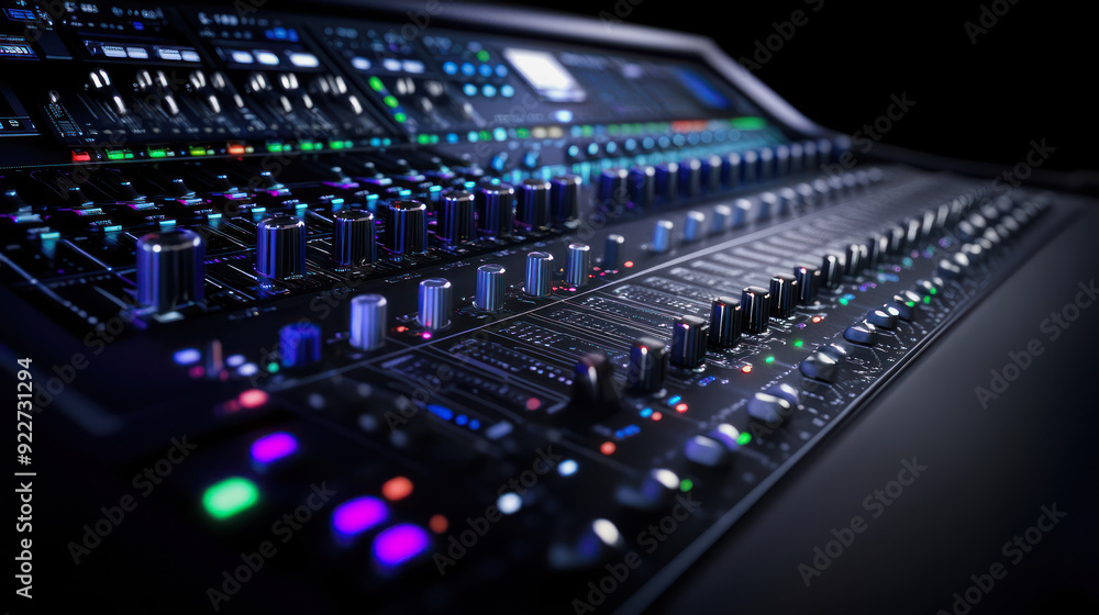 Close-up illustration of a black mixing console Close-up illustration of a black mixing console