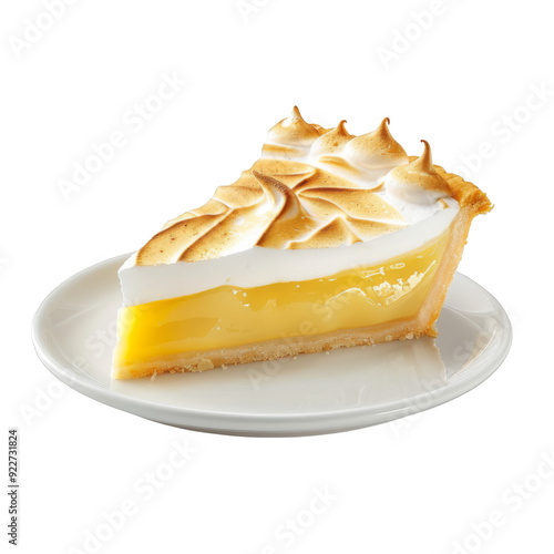 A slice of lemon meringue pie on a white plate