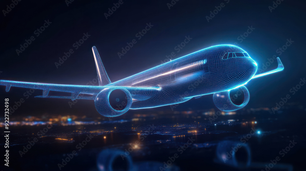 blue lined digital drawing of an airplane against dark blue background blue lined digital drawing of an airplane against dark blue background
