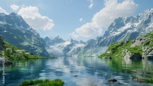 Serene alpine lake surrounded by mountains