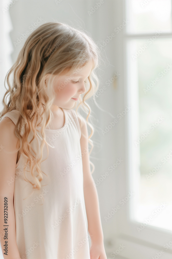 Beautiful young girl with stunning curly blonde hair and striking blue eyes, wearing a white dress. Beautiful young girl with stunning curly blonde hair and striking blue eyes, wearing a white dress.