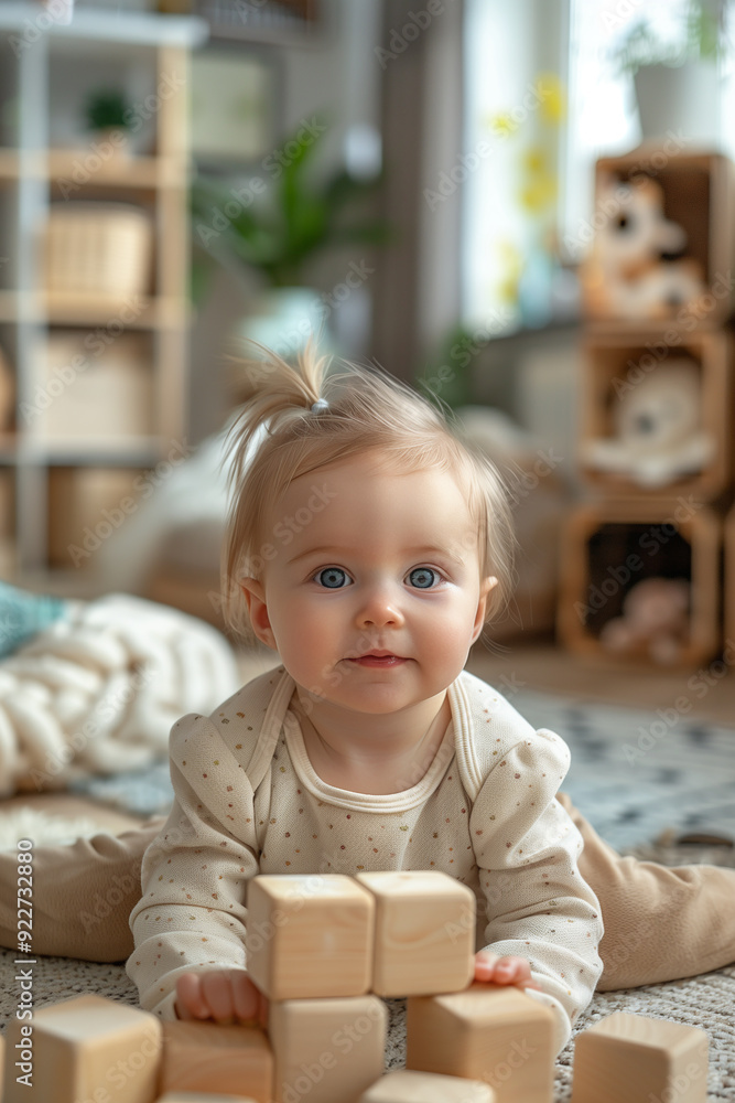 Curious infant exploring vibrant blocks during playtime indoors. Curious infant exploring vibrant blocks during playtime indoors.