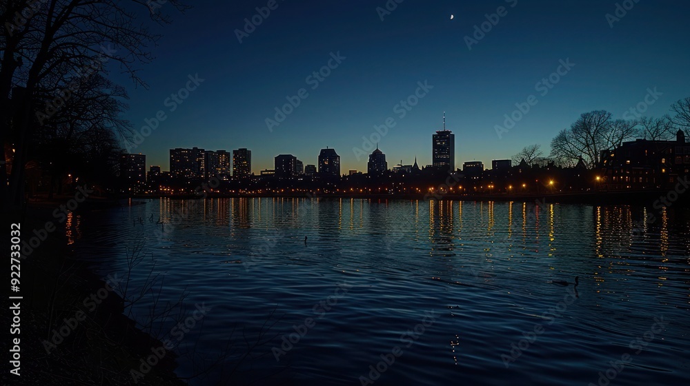 Boston skyline in the evening, viewed across the Charles River from Cambridge. The city lights reflect on the calm water, iconic buildings in a tranquil and picturesque urban scene Boston skyline in the evening, viewed across the Charles River from Cambridge. The city lights reflect on the calm water, iconic buildings in a tranquil and picturesque urban scene