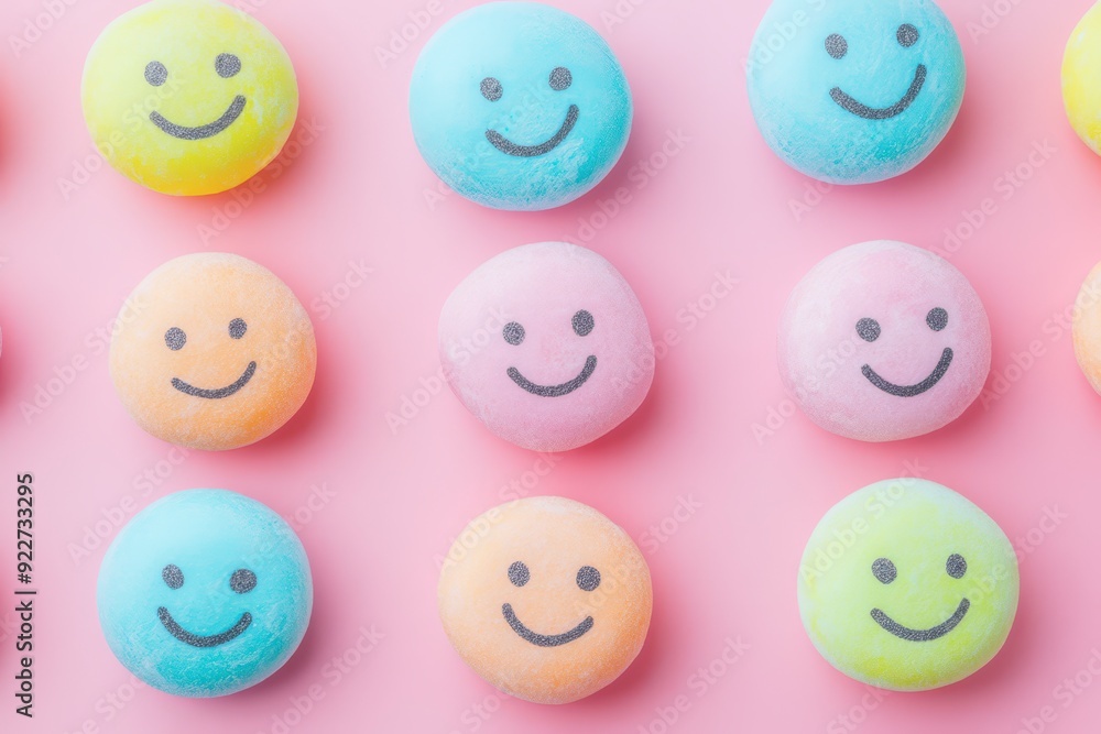 Colorful smiley face candies arranged on a pink background Colorful smiley face candies arranged on a pink background