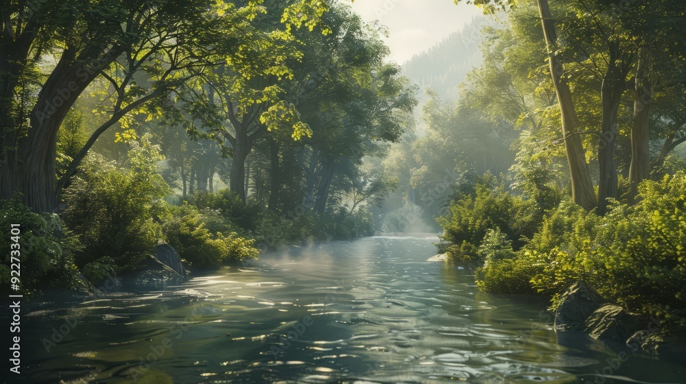 Tranquil river flowing through a dense forest Tranquil river flowing through a dense forest