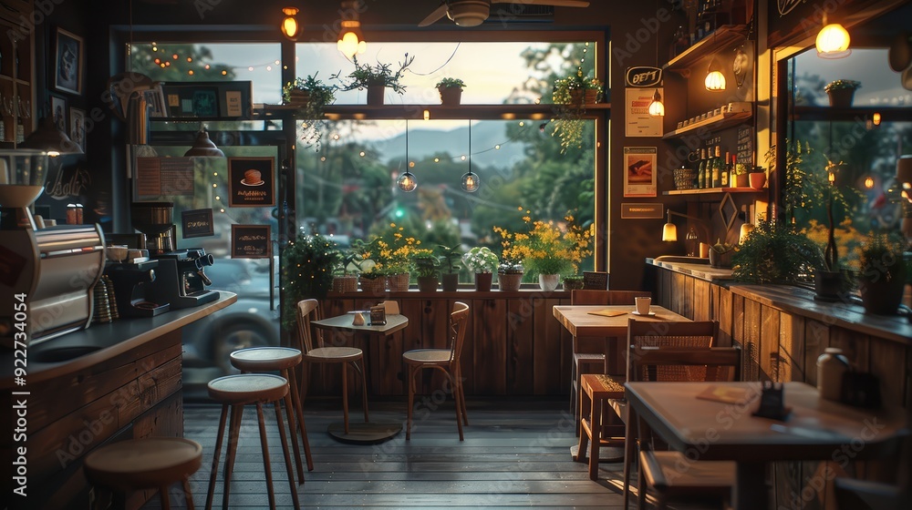 A Cozy cafe interior with warm lighting and wooden furniture. Generative AI. A Cozy cafe interior with warm lighting and wooden furniture. Generative AI.