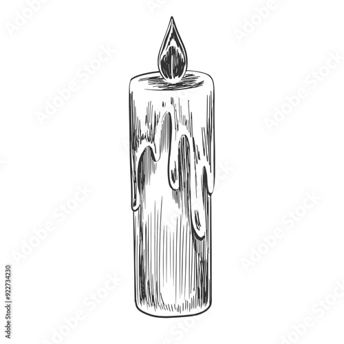Burning candle in sketch style. Hand drawn illustration of black and white candle with wax drips. Wick with flame
