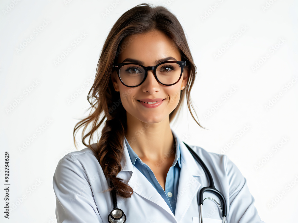 portrait of a smiling female doctor with glasses, uniform and medical implement isolated on a white background portrait of a smiling female doctor with glasses, uniform and medical implement isolated on a white background