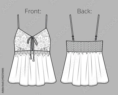 852.epsVector strapless top technical drawing, women crop blouse with straps fashion CAD, V-neck tank top with lace and bow detail template, sketch, flat. Romantic camisol with front, back view, white