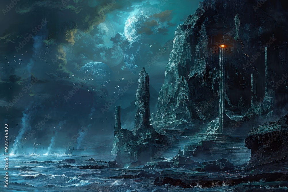 Eerie Ancient City on a Rocky Island Under a Night Sky Eerie Ancient City on a Rocky Island Under a Night Sky