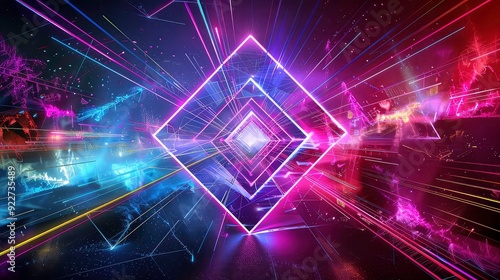 A glowing neon square stands out against a dark background with colorful light streaks and sparkles.