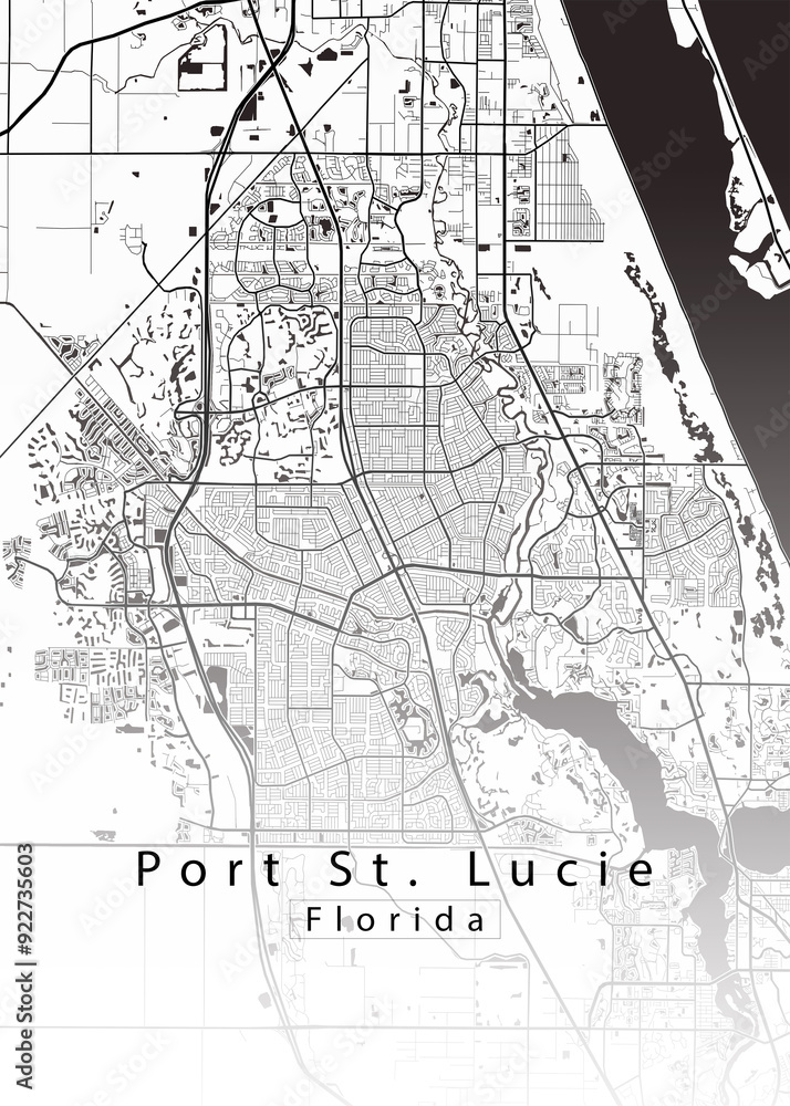 Fototapeta premium Minimalist white map of Port St. Lucie, Florida – A modern map print highlighting infrastructure of the city, useful for tourism purposes
