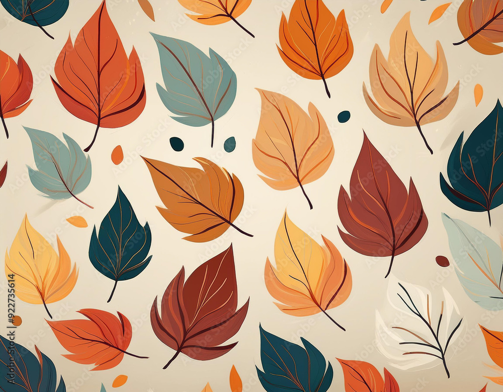 Fototapeta premium Minimalist Falling Leaves Pattern Autumn Hues on Neutral Background Design