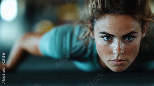 A young woman in workout clothes is lying down with a focused expression. Her determination and intensity reflect her commitment to fitness and exercise. photo