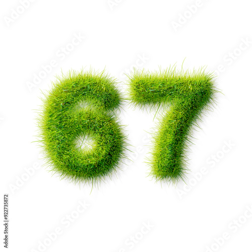 Grass letter 67 isolated on transparency background. Lawn texture alphabet with numbers on transparency background.