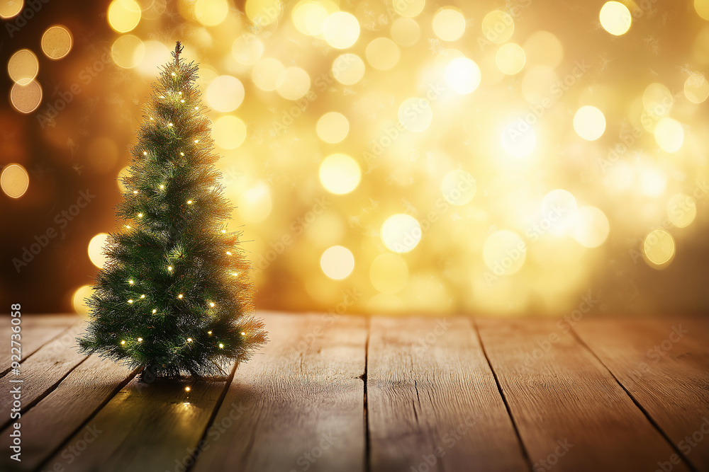 A small, beautifully lit Christmas tree on a wooden table against a warm, golden bokeh background, evoking a cozy holiday atmosphere with ample copy space. A small, beautifully lit Christmas tree on a wooden table against a warm, golden bokeh background, evoking a cozy holiday atmosphere with ample copy space.