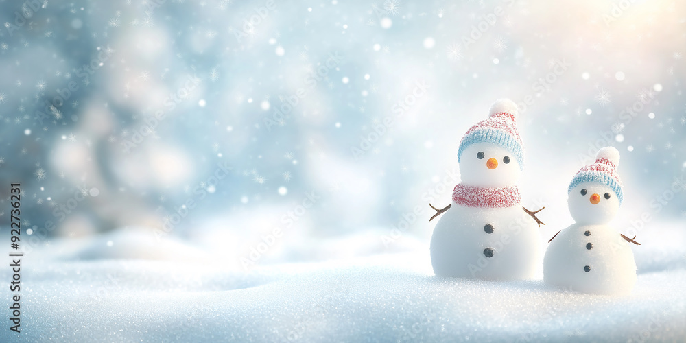 Two snowmen standing on a snowy field, dressed in colorful winter hats and scarves, creating a joyful winter holiday scene. Two snowmen standing on a snowy field, dressed in colorful winter hats and scarves, creating a joyful winter holiday scene.