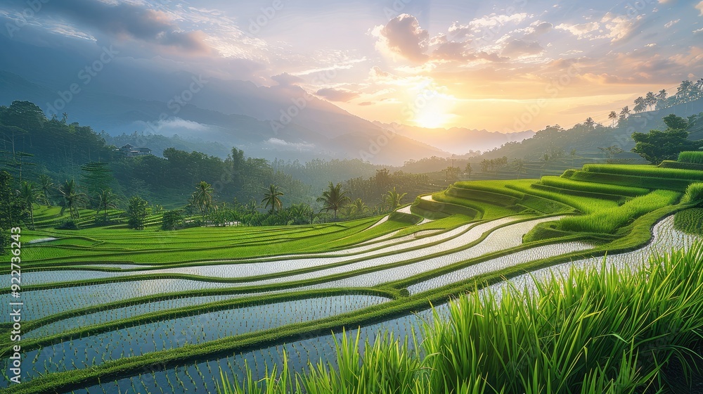 Fototapeta premium A serene landscape of rice paddies at sunrise, symbolizing growth, abundance. Generative AI.