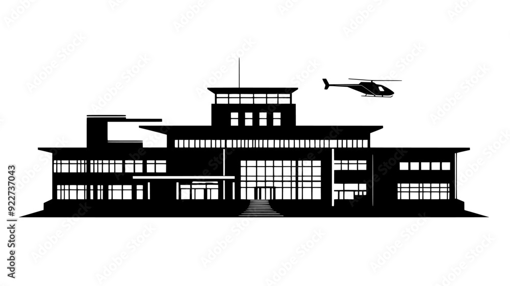 Obraz premium Building featuring a broad entrance, multiple levels, and a helipad on the rooftop, vector illustration art