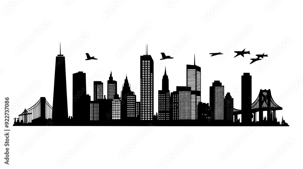 Obraz premium Bustling city skyline with tall skyscrapers, mid-rise buildings, and a prominent suspension bridge, vector illustration art
