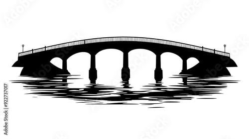 Bridge spanning a wide river, with support pillars and a roadway for vehicle traffic, vector illustration art