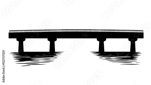 Bridge spanning a wide river, with support pillars and a roadway for vehicle traffic, vector illustration art