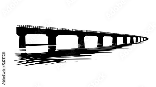 Bridge spanning a wide river, with support pillars and a roadway for vehicle traffic, vector illustration art