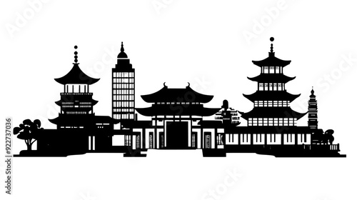 Buddhist temple complex, featuring pagodas and courtyards, located within a modern city, vector illustration art