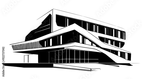 Building with unconventional shape, metallic surfaces, and angular lines, vector illustration art