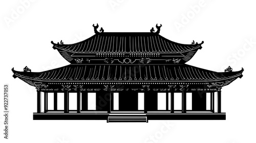 Buddhist temple with large pagoda, ornamental roof, and serene courtyard, vector illustration art