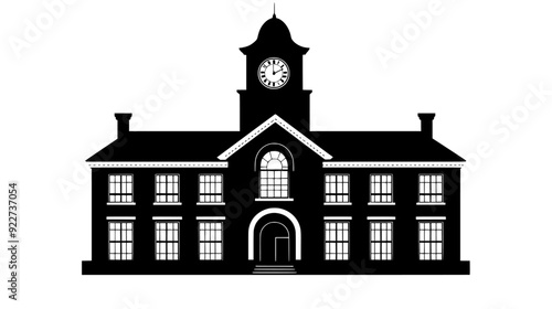 Building with a tall clock tower, symmetrical windows, and an archway entrance, vector illustration art