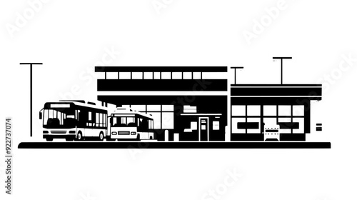 Bus depot with parking bays, maintenance facilities, and a central dispatch office, vector illustration art