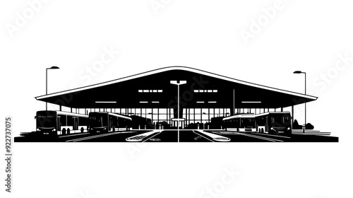 Bus terminal featuring covered bays, wide walkways, and large central building, vector illustration art