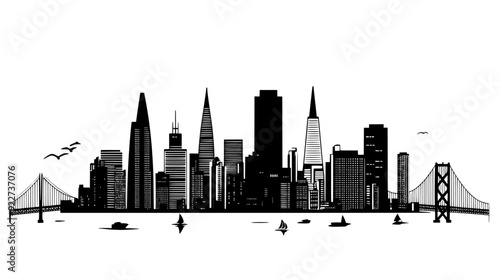 Bustling city skyline with tall skyscrapers, mid-rise buildings, and a prominent suspension bridge, vector illustration art