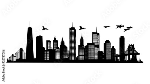 Bustling city skyline with tall skyscrapers, mid-rise buildings, and a prominent suspension bridge, vector illustration art