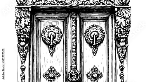 Close-up of an ornate wooden door with intricate carvings and a decorative knocker, vector illustration art