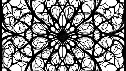Close-up of a stained glass window with intricate patterns and leaded sections, vector illustration art