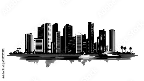 Coastal cityscape with tall modern buildings, harbor with docked ships, and promenade along the shore, vector illustration art