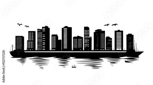 Coastal cityscape with tall modern buildings, harbor with docked ships, and promenade along the shore, vector illustration art