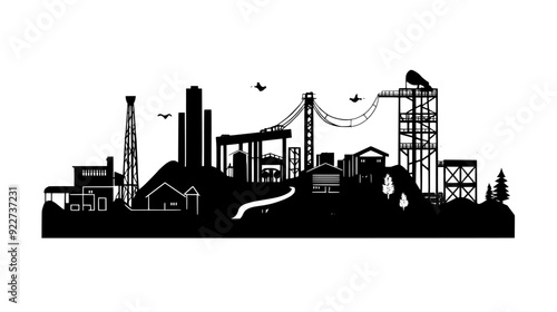 Coal mine with headframes, mine shafts, and processing facilities distributed throughout the landscape, vector illustration art