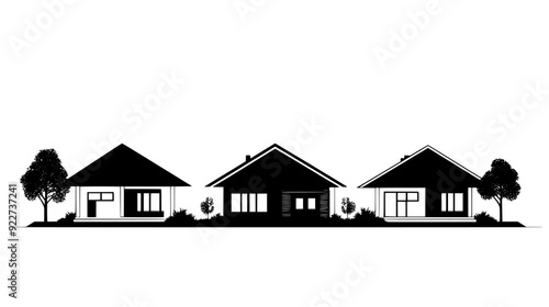 Collection of bungalows with similar architectural style and green lawns, vector illustration art