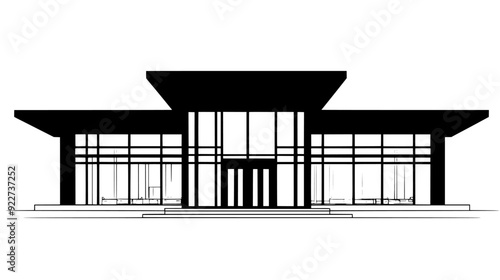 Community center with large glass windows and multiple entrance doors, vector illustration art