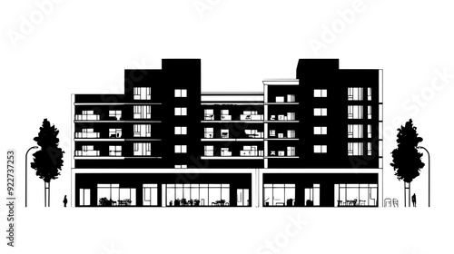 Complex with residential apartments above street-level shops and restaurants, vector illustration art