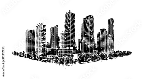 Complex of interconnected towers with advanced structural designs and integrated green spaces, vector illustration art