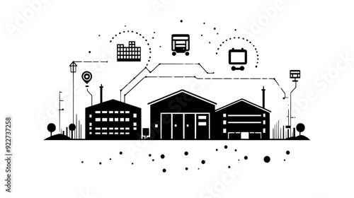 Complex of interconnected warehouses with loading docks, surrounded by roads, vector illustration art