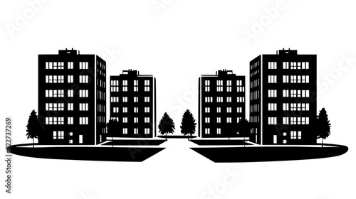 Complex of low-rise buildings with a central courtyard and evenly spaced units, vector illustration art