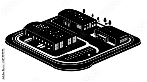 Complex of interconnected warehouses with loading docks, surrounded by roads, vector illustration art