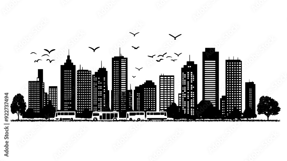 Fototapeta premium Depiction of an urban area with skyscrapers, public transportation, and green spaces, vector illustration art